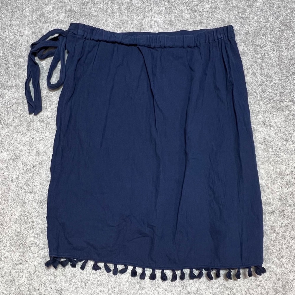 JCrew Navy Blue Cotton Gauze Pom Pom Trim Wrap Skirt Womens Medium - Picture 3 of 7